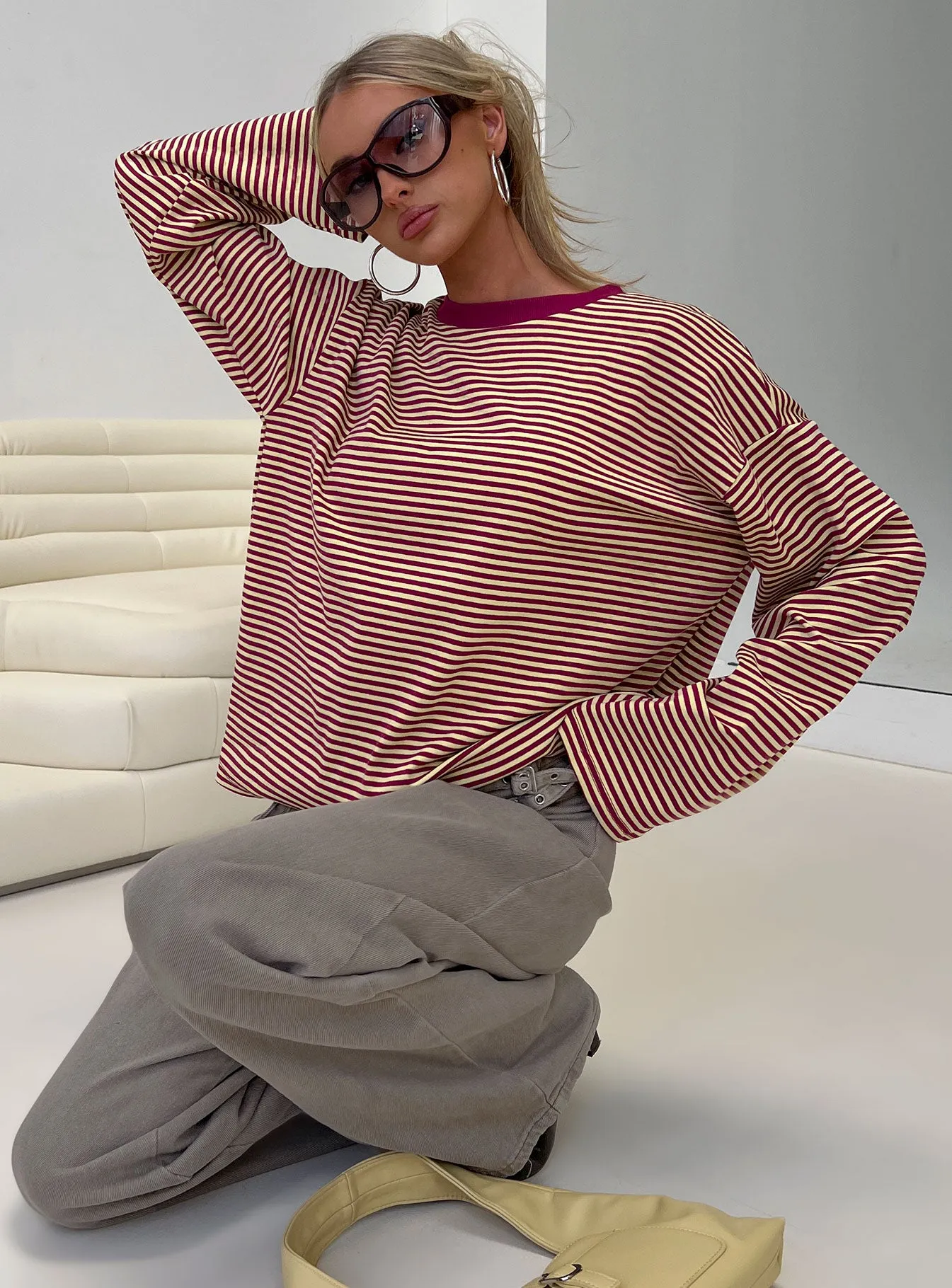 Settle Down Long Sleeve Top Lemon / Burgundy Stripe sold by Princess Polly