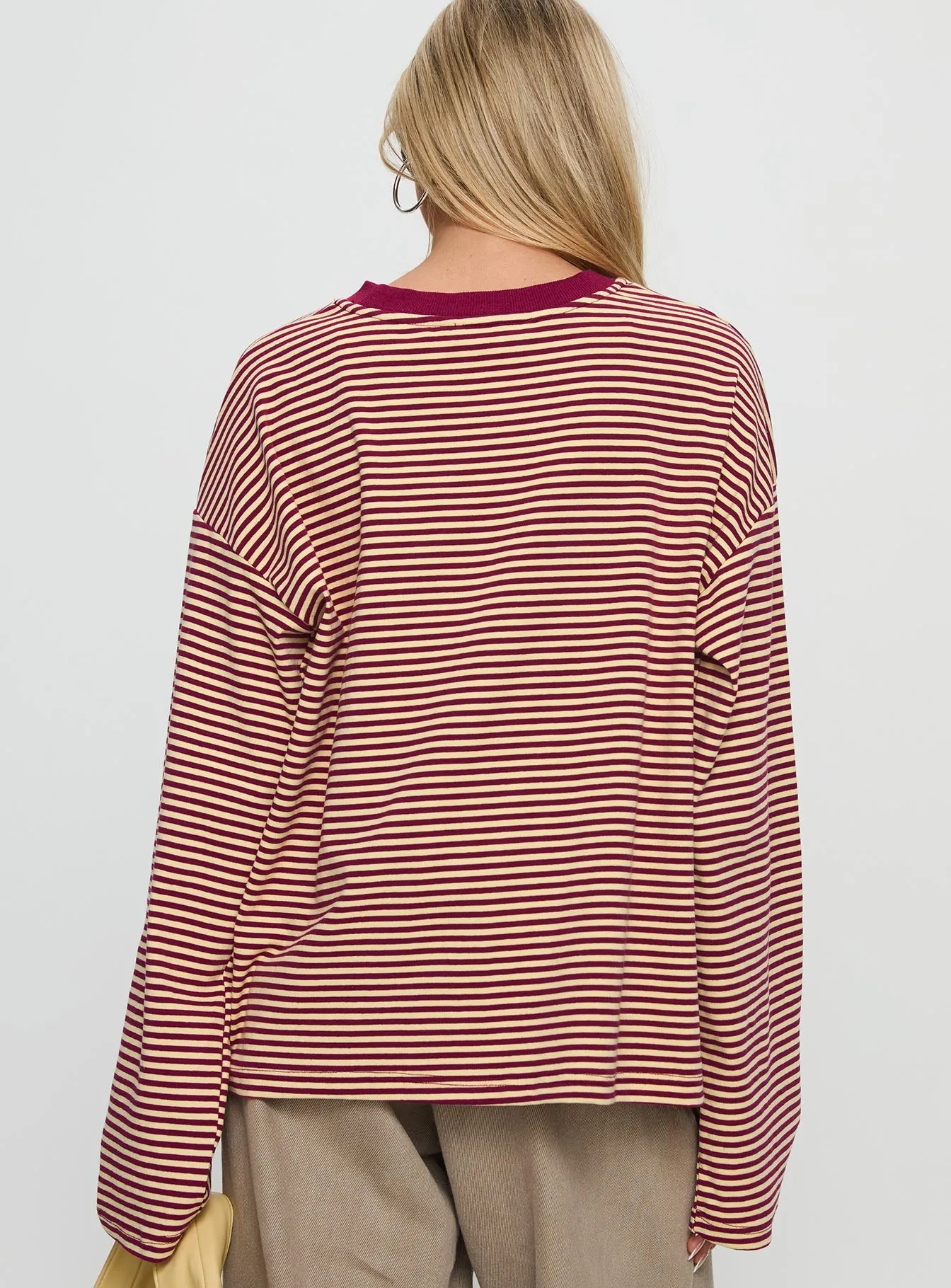 Settle Down Long Sleeve Top Lemon / Burgundy Stripe sold by Princess Polly product image thumbnail 5