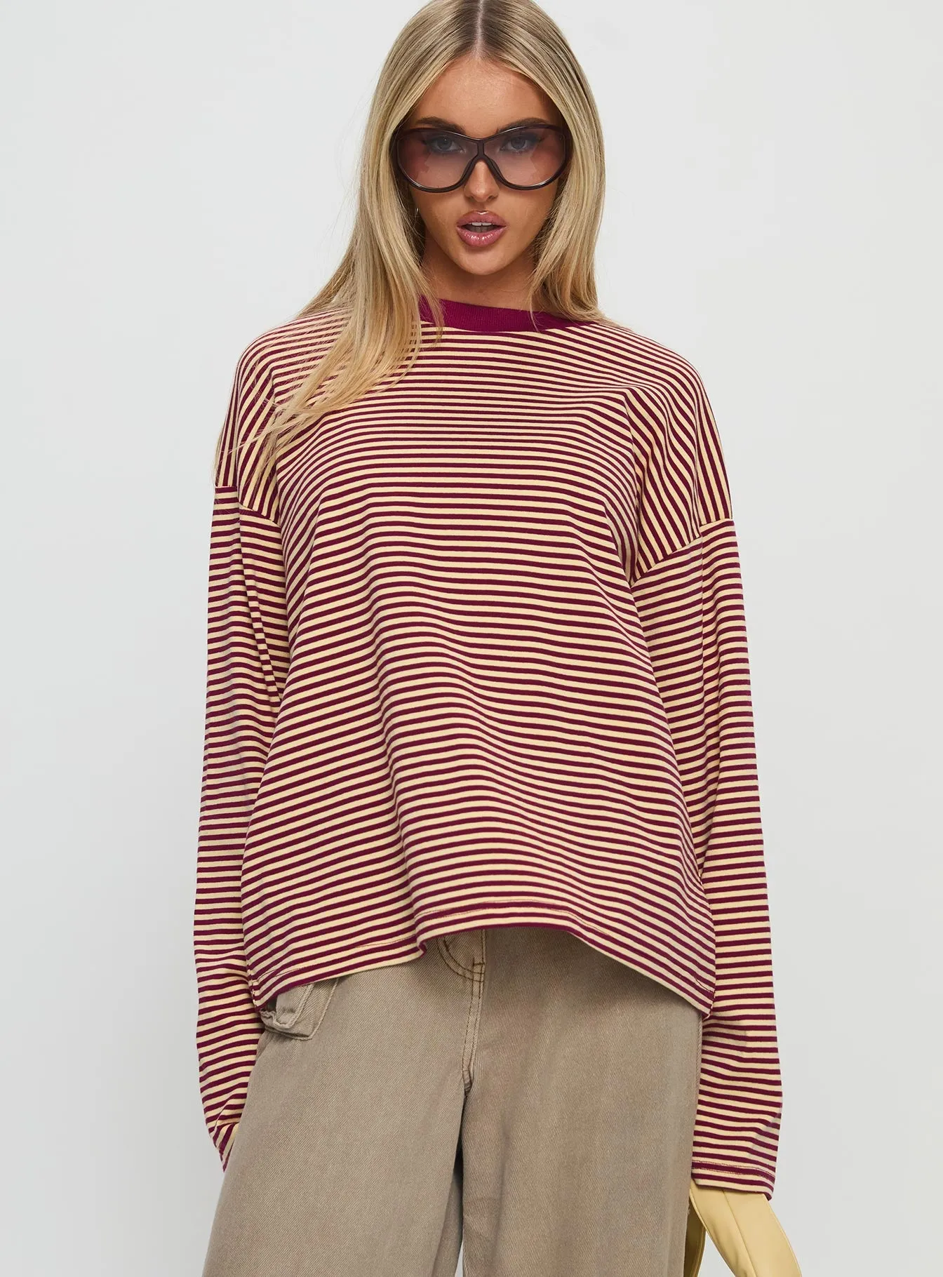 Settle Down Long Sleeve Top Lemon / Burgundy Stripe sold by Princess Polly product image thumbnail 2