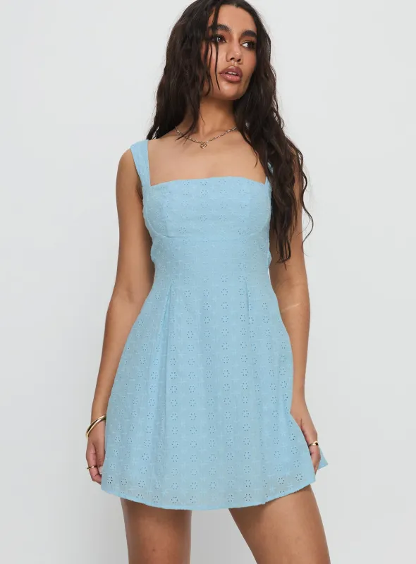 Xanthus Embroidered Mini Dress Blue sold by Princess Polly