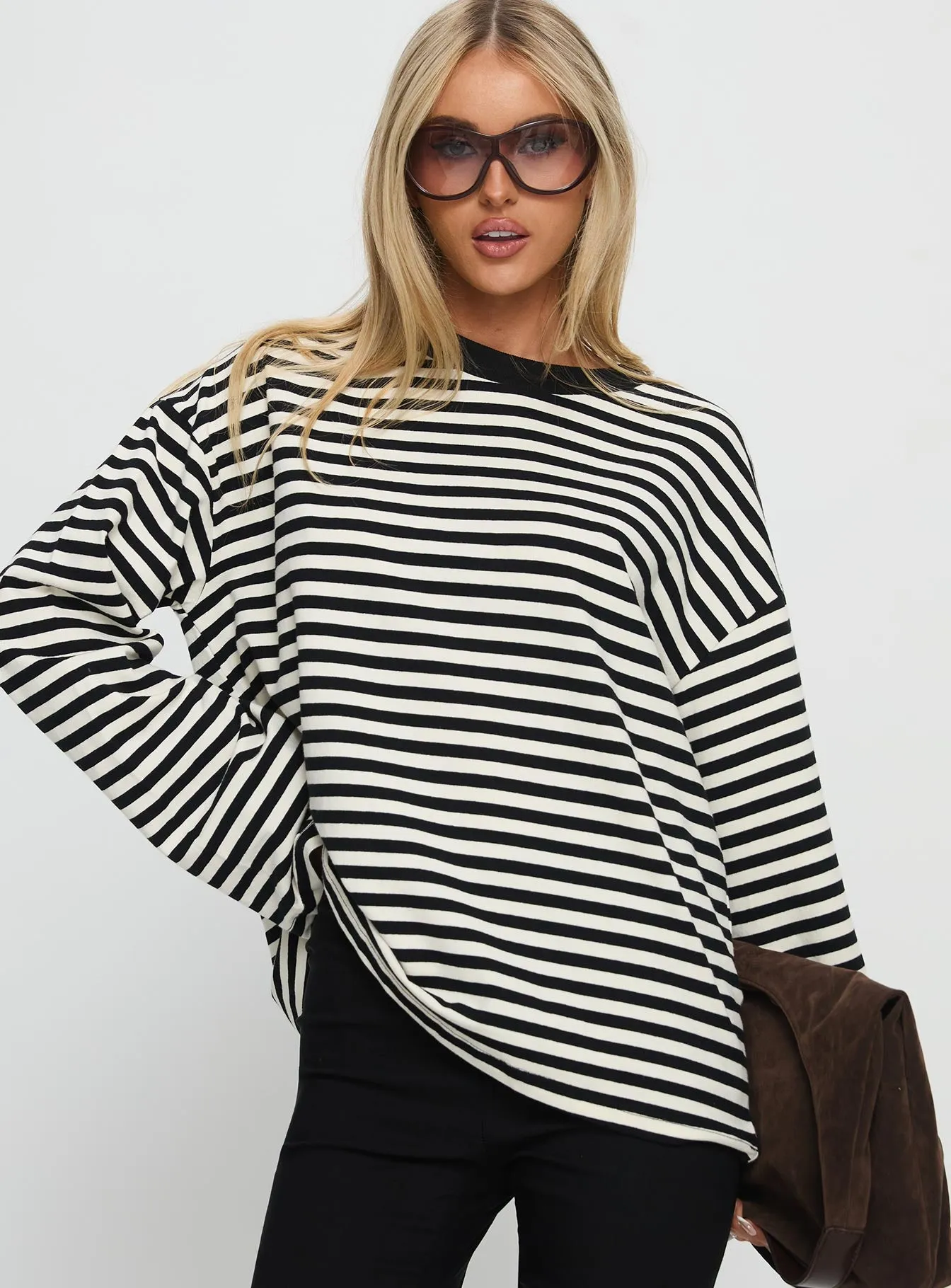 Settle Down Long Sleeve Top Black / White Stripe sold by Princess Polly product image thumbnail 2