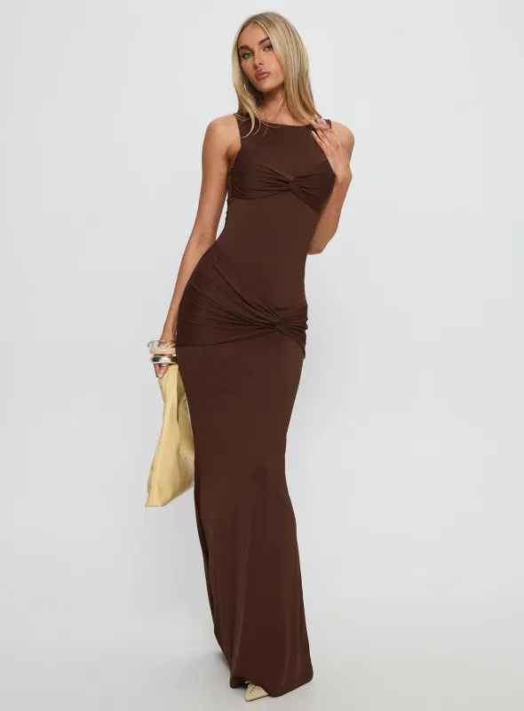 Pivotal Twist Detail Maxi Dress Brown sold by Princess Polly