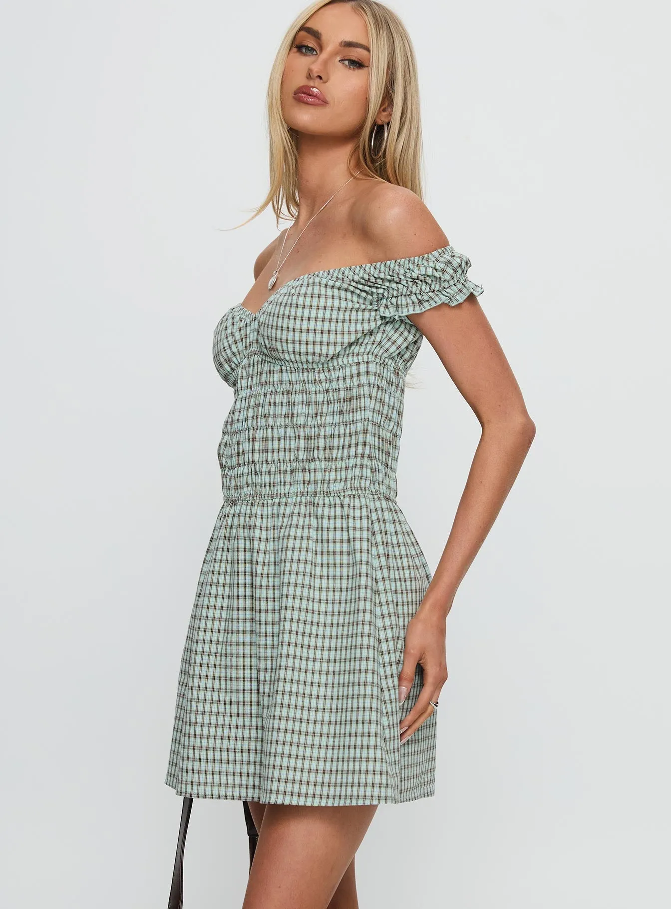 Olwen Ruched Romper Green Check sold by Princess Polly product image thumbnail 4