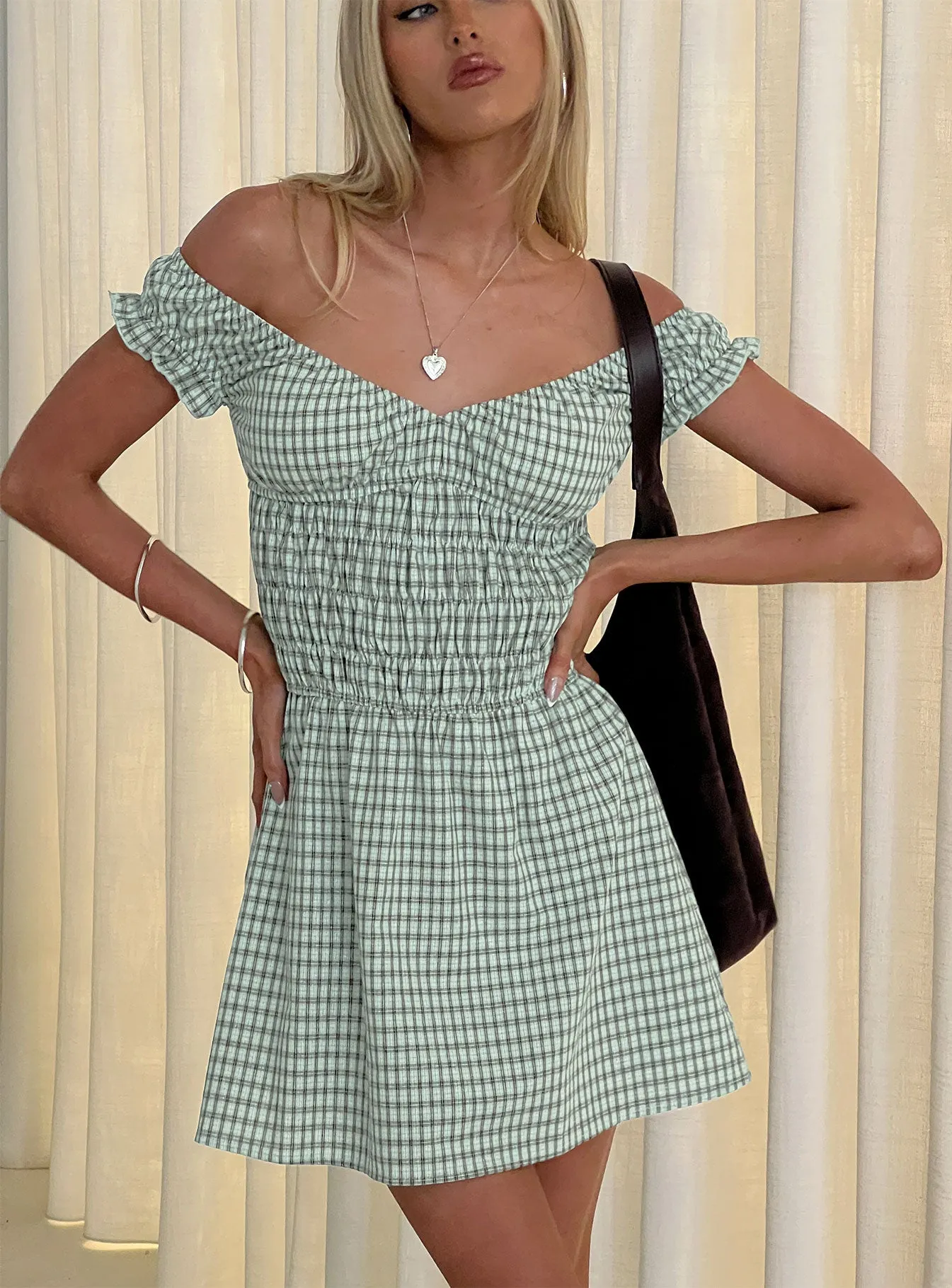 Olwen Ruched Romper Green Check sold by Princess Polly