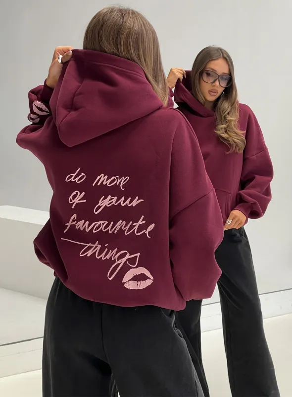Kisses Graphic Hoodie Wine sold by Princess Polly