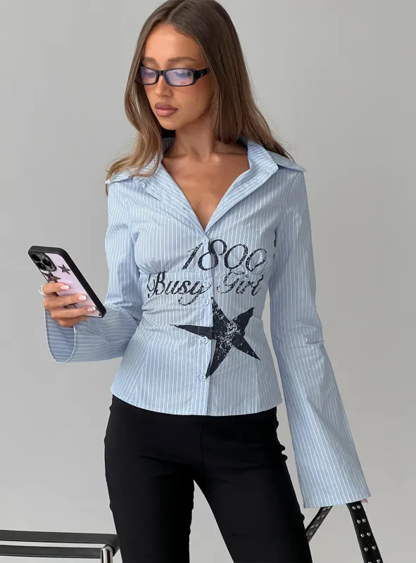 Busy Girl Long Sleeve Collared Top Blue Stripe sold by Princess Polly