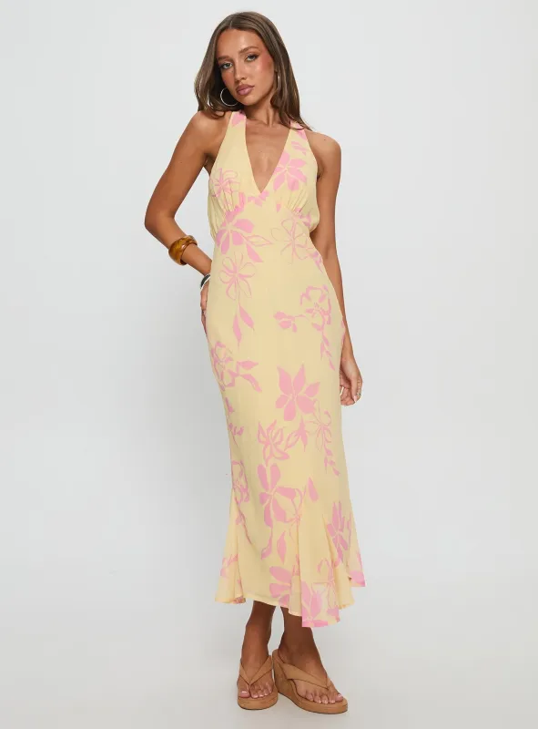Alayla Halter Midi Dress Yellow Floral sold by Princess Polly