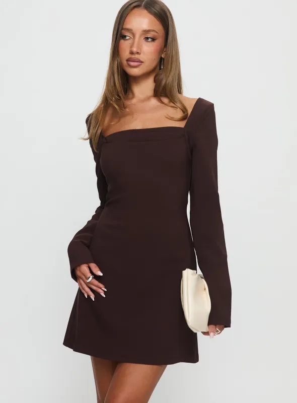 Avonlea Long Sleeve Mini Dress Brown sold by Princess Polly
