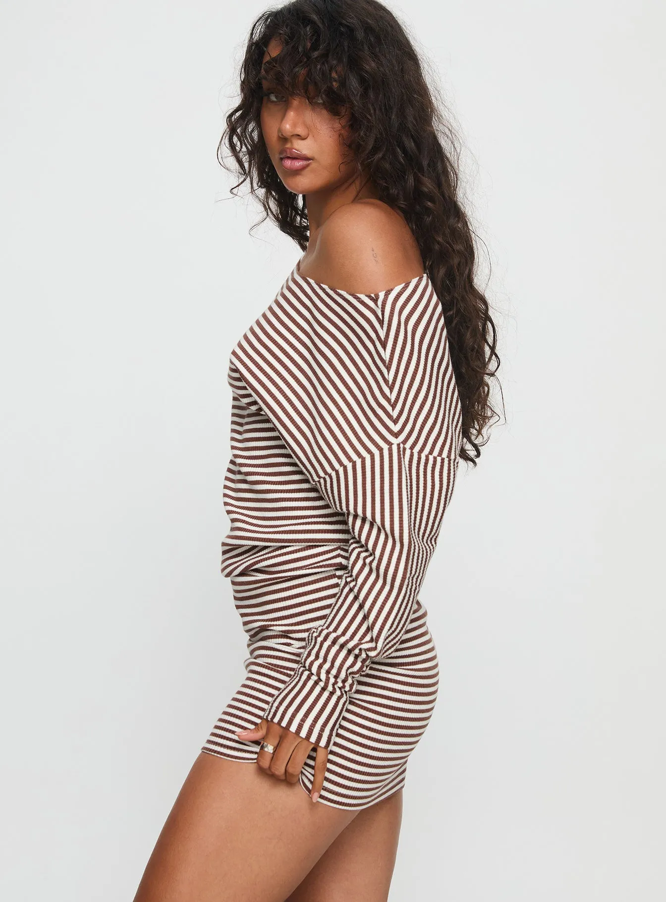 Caia Off Shoulder Long Sleeve Jersey Mini Dress Chocolate Stripe sold by Princess Polly product image thumbnail 4