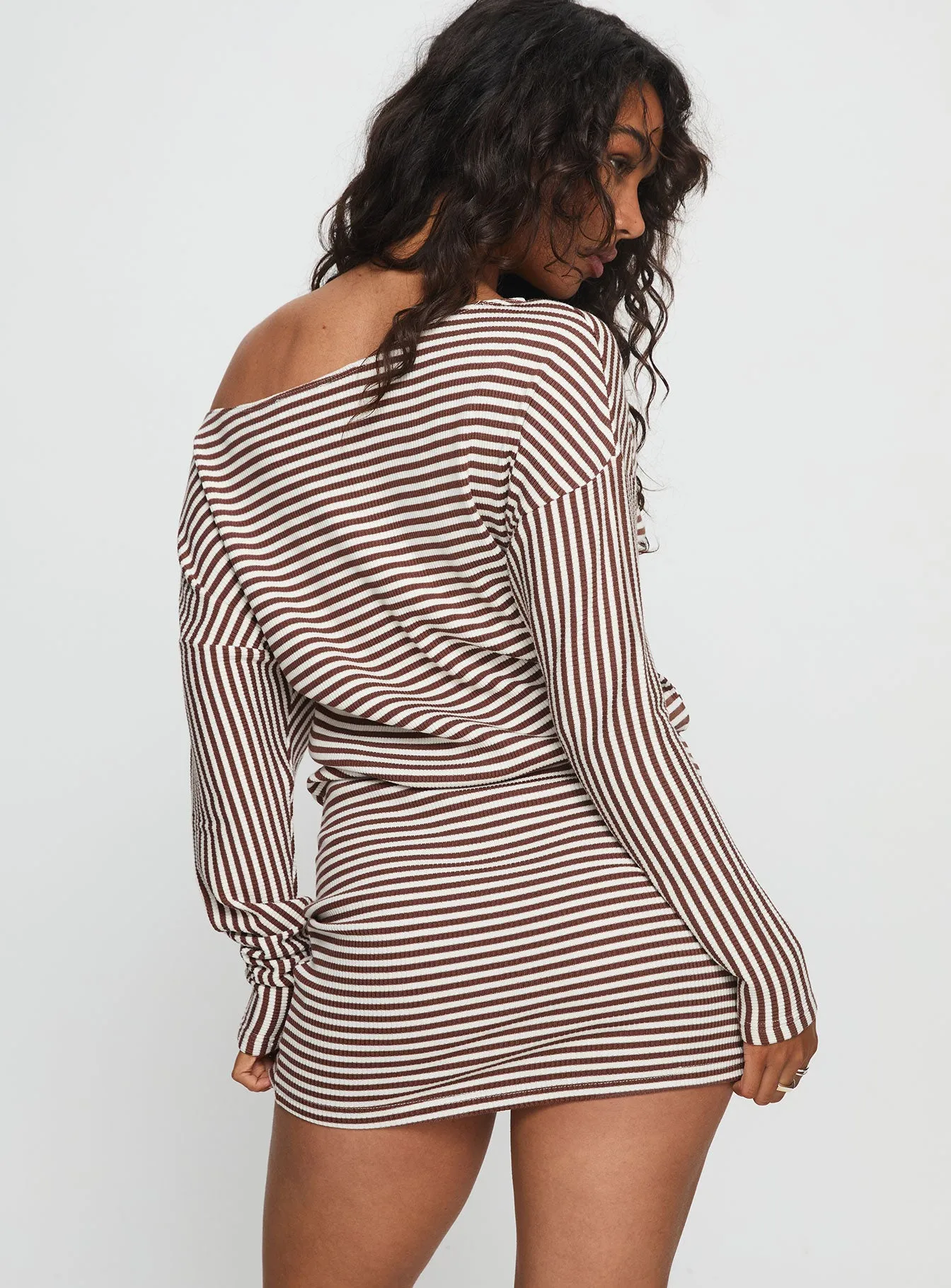 Caia Off Shoulder Long Sleeve Jersey Mini Dress Chocolate Stripe sold by Princess Polly product image thumbnail 5