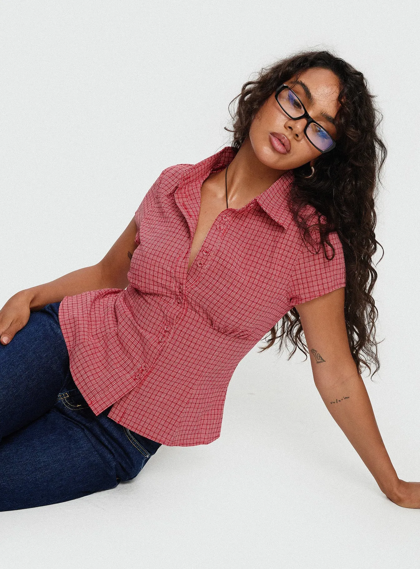Cottesloe Blouse Top Red Check sold by Princess Polly