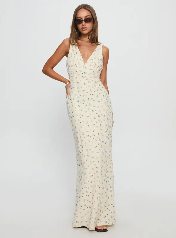 Manolia Textured Maxi Dress Cream Floral sold by Princess Polly