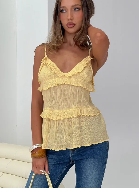 Jorjia Ruffle Cami Top Yellow sold by Princess Polly