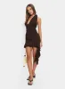 Affluent Plunge Neck Frill Mini Dress Brown sold by Princess Polly
