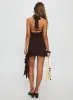 Affluent Plunge Neck Frill Mini Dress Brown sold by Princess Polly