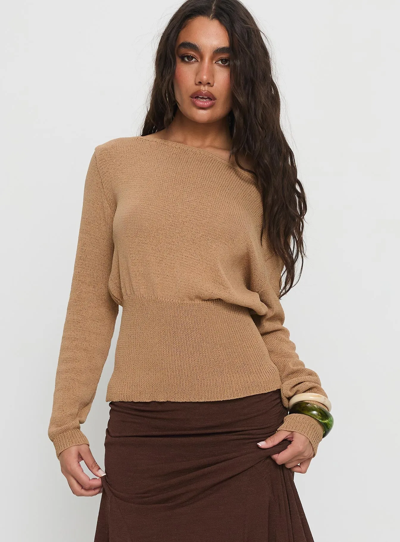 Xaria Off Shoulder Knit Sweater Tan sold by Princess Polly product image thumbnail 2