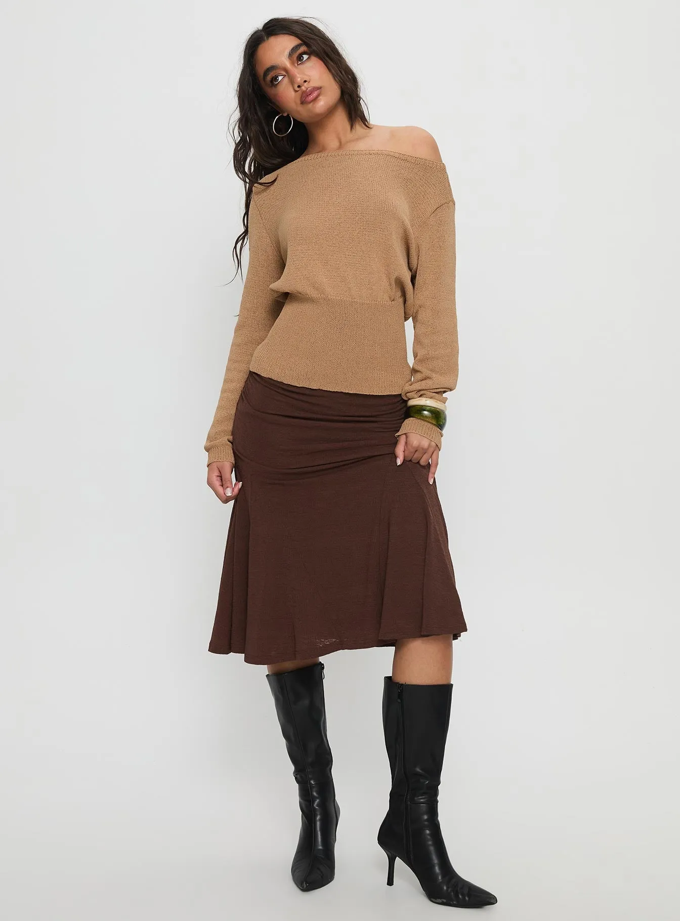 Xaria Off Shoulder Knit Sweater Tan sold by Princess Polly product image thumbnail 3