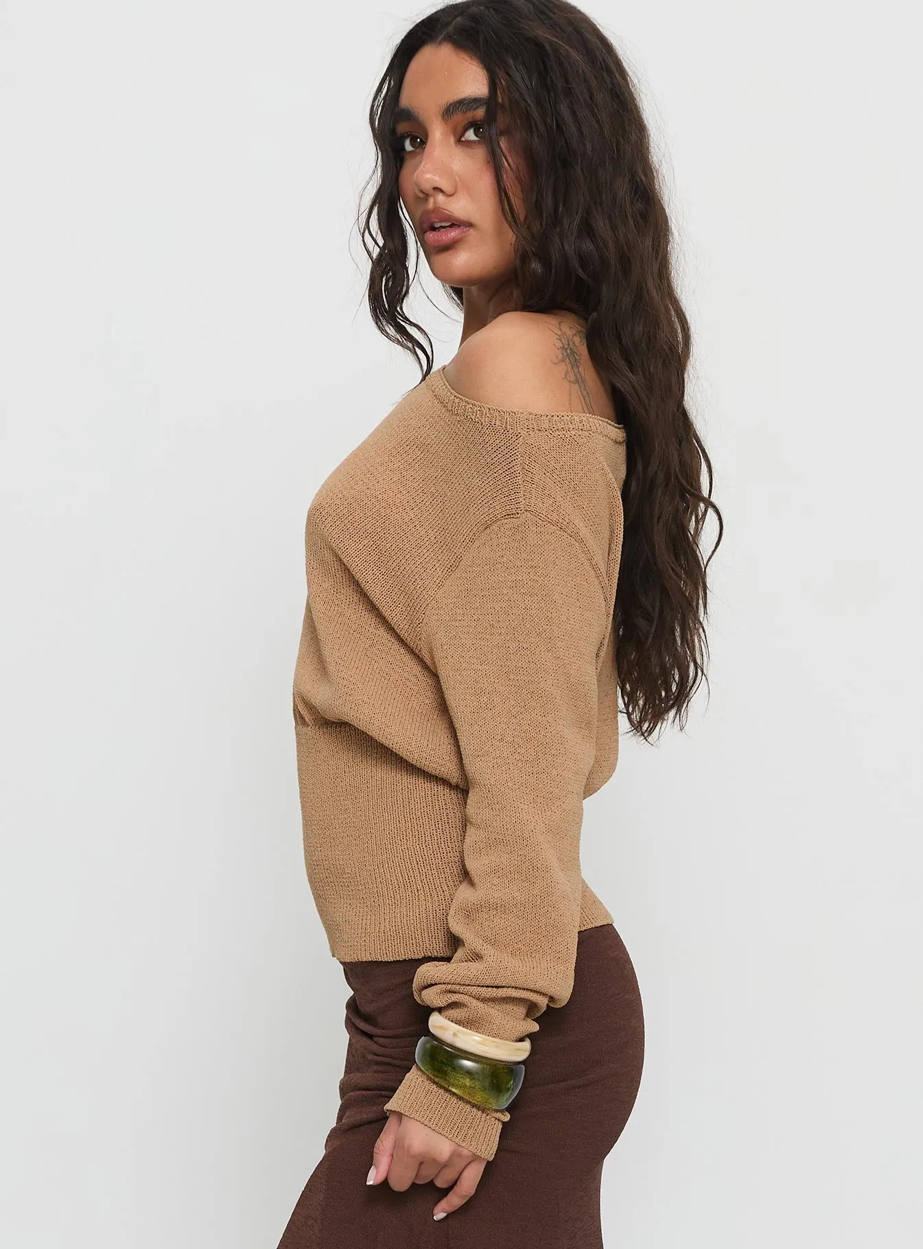 Xaria Off Shoulder Knit Sweater Tan sold by Princess Polly product image thumbnail 4