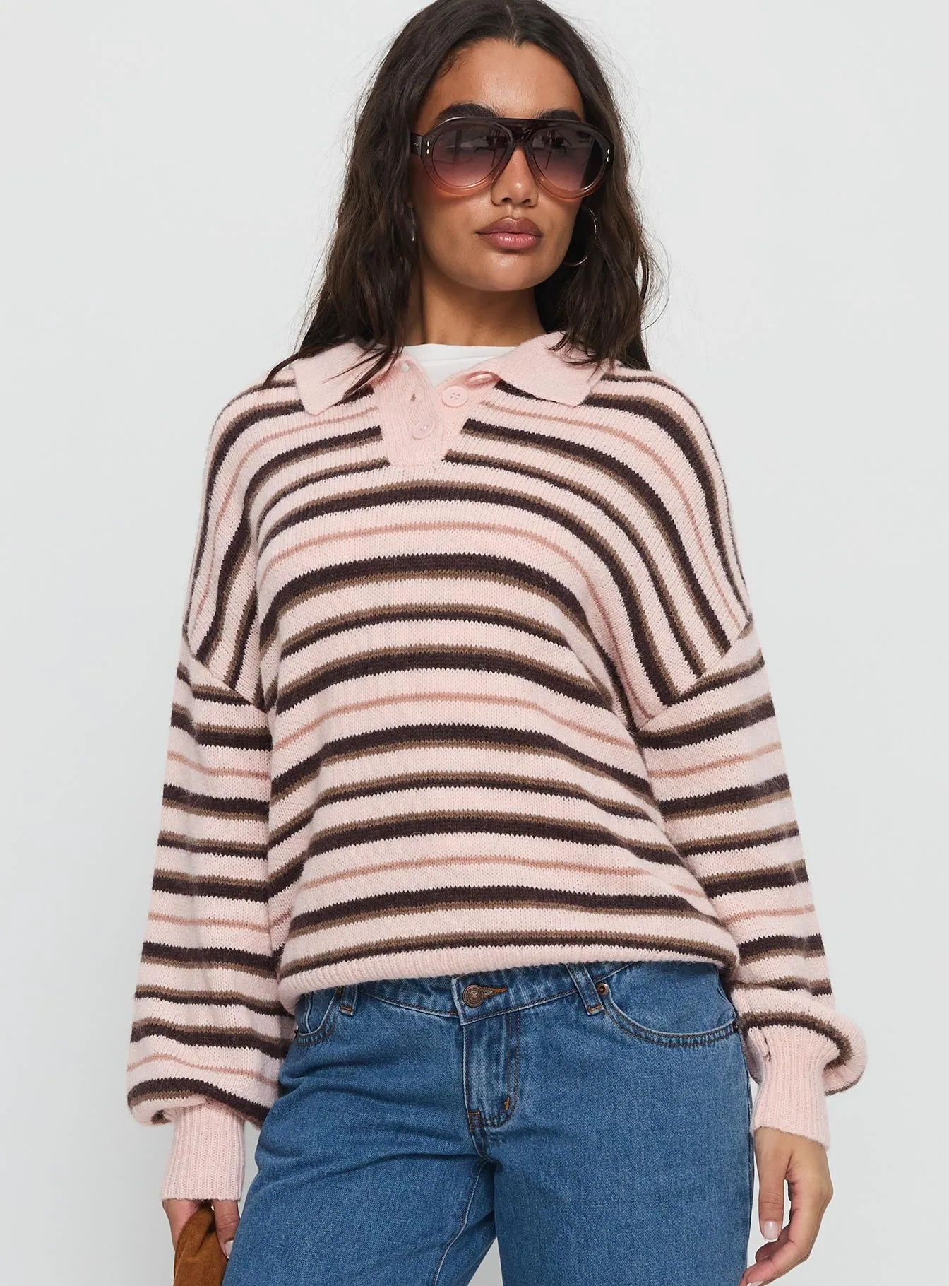 Jeanny Collared Knit Sweater Brown / Pink Stripe sold by Princess Polly product image thumbnail 2