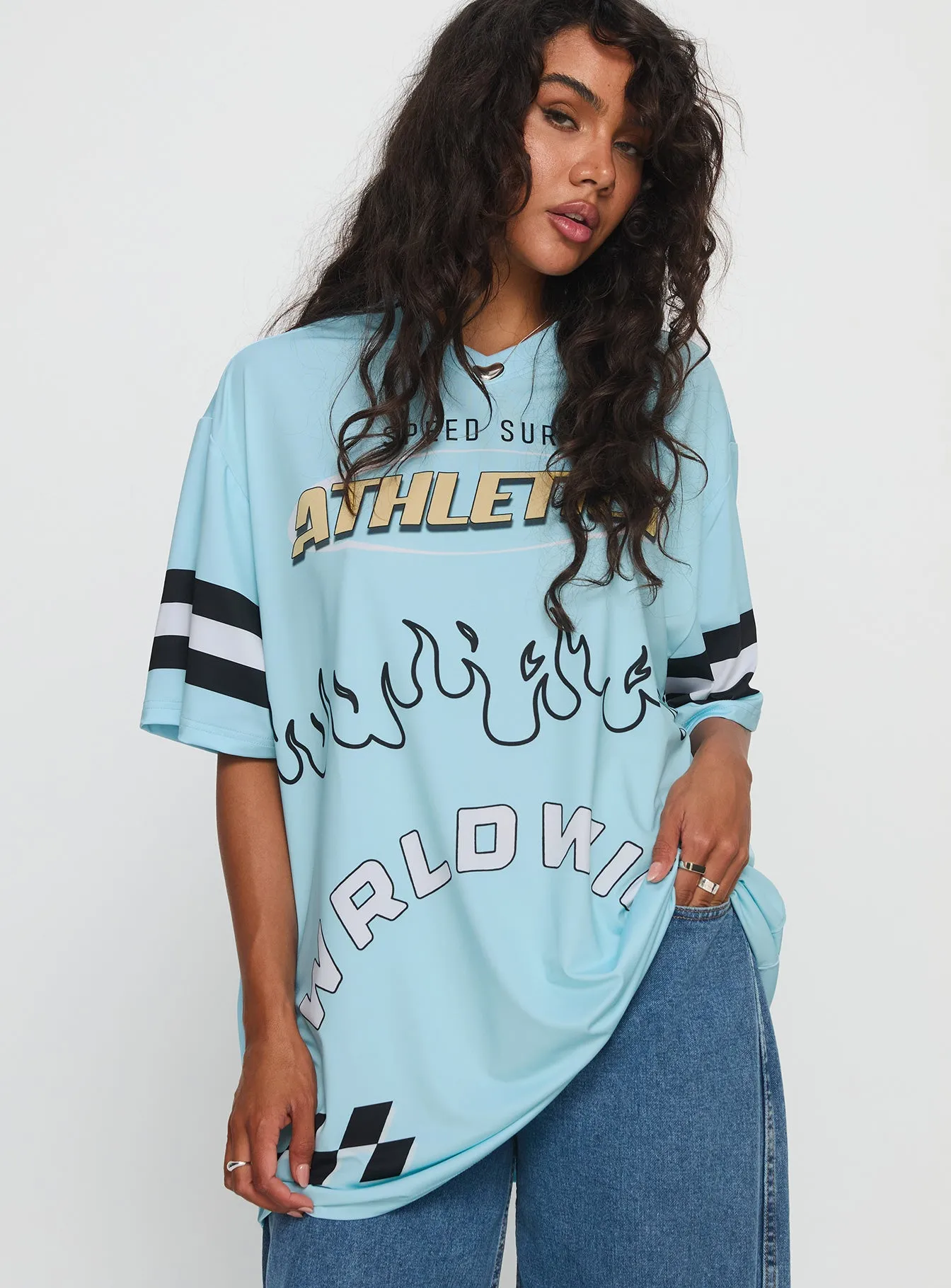 Moto Speedster Oversized Graphic Top Blue sold by Princess Polly