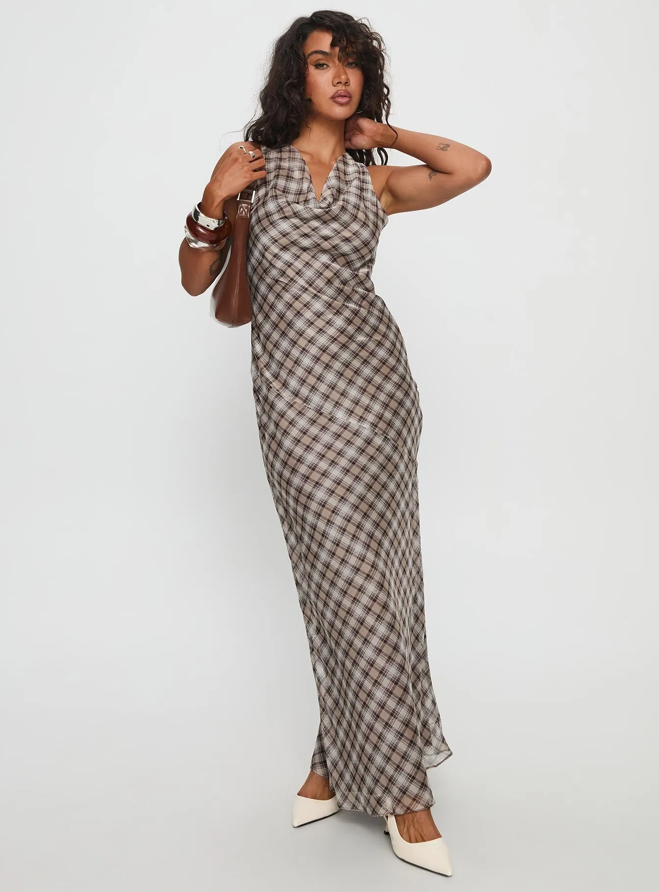 Veida Cowl Neck Maxi Dress Brown Check sold by Princess Polly product image thumbnail 2