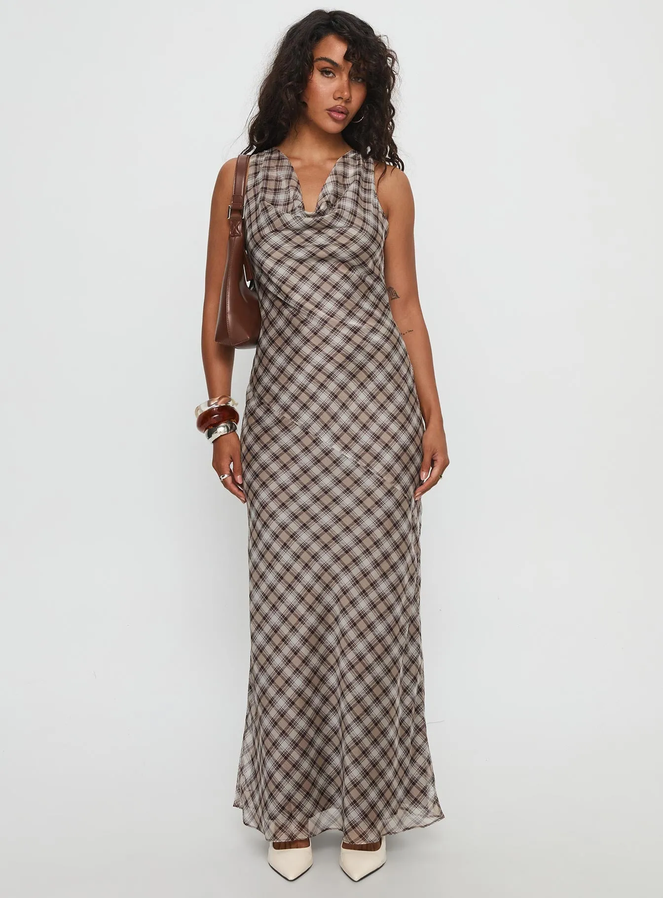 Veida Cowl Neck Maxi Dress Brown Check sold by Princess Polly product image thumbnail 3