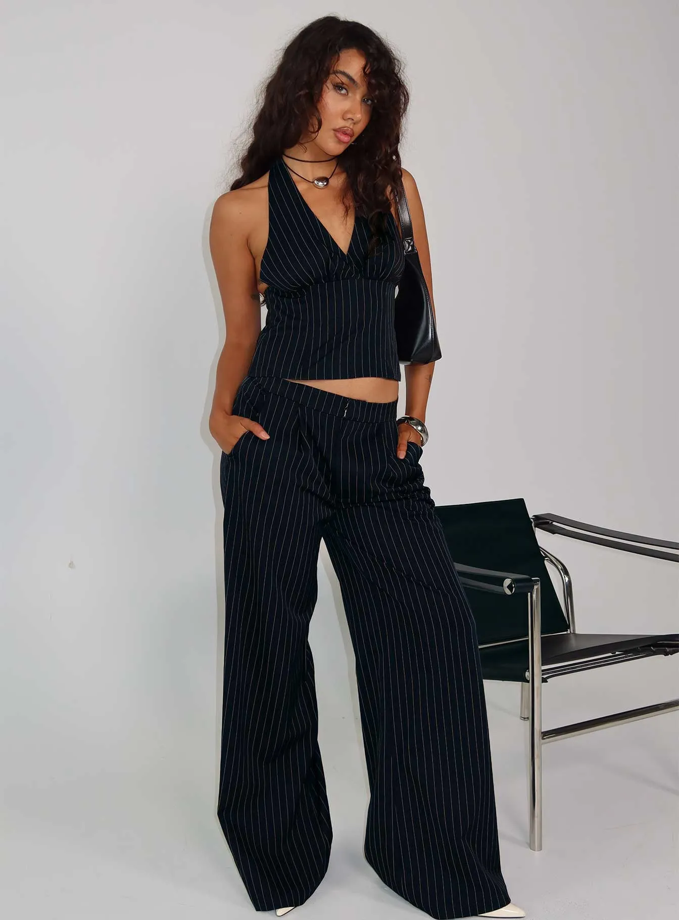 All She Wrote Halter Tailored Set Navy Stripe sold by Princess Polly