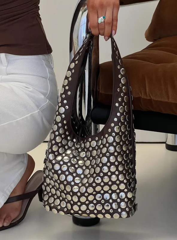 In The Crowd Shoulder Bag Brown / Silver sold by Princess Polly