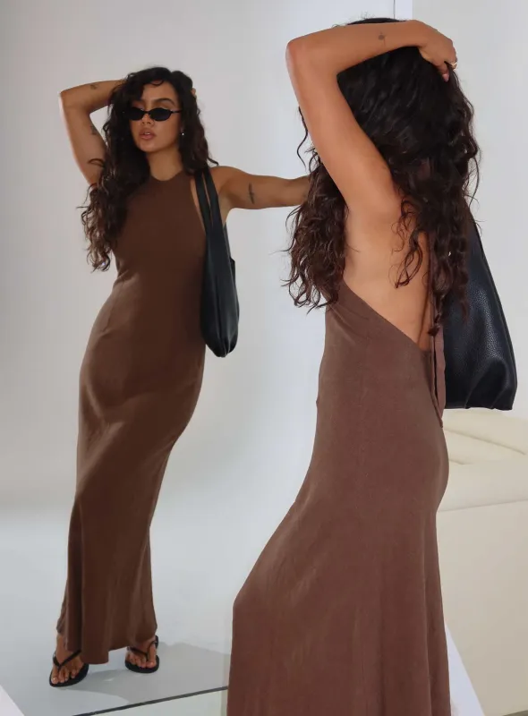 Annetta Halter Maxi Dress Chocolate sold by Princess Polly