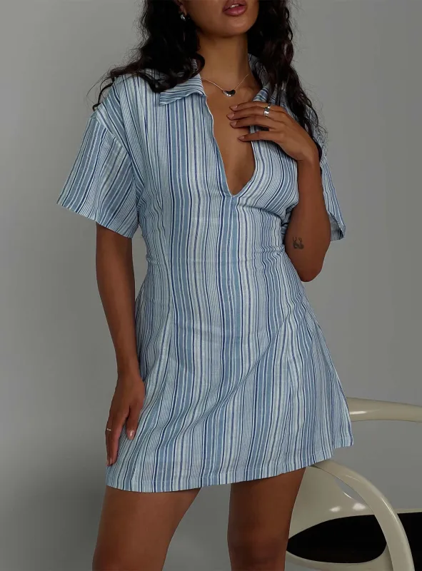 Wylla V Neck Linen Mini Dress Blue Stripe sold by Princess Polly