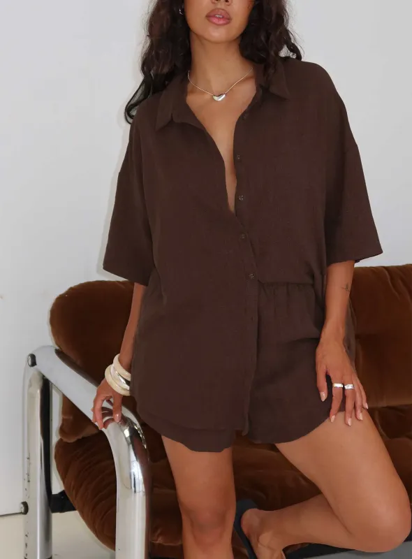 Peni Linen Button Down Top Chocolate sold by Princess Polly