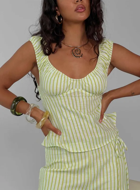 With Pleasure Puff Sleeve Linen Blouse Top Green / Blue Stripe sold by Princess Polly