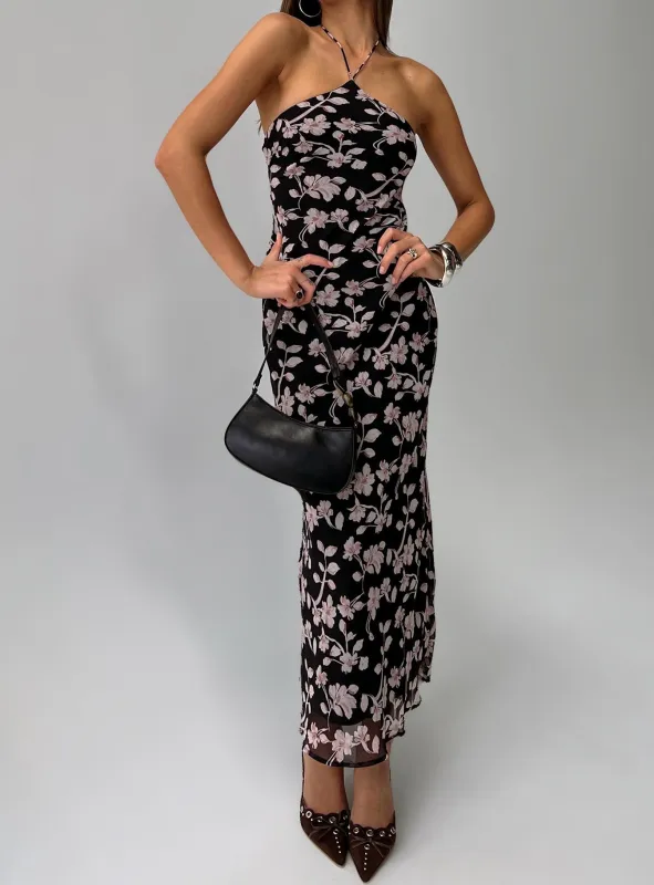 Anisa Halter Maxi Dress Black Floral sold by Princess Polly