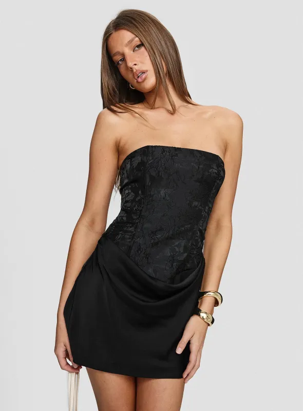 Jenevieve Strapless Drape Mini Dress Black sold by Princess Polly