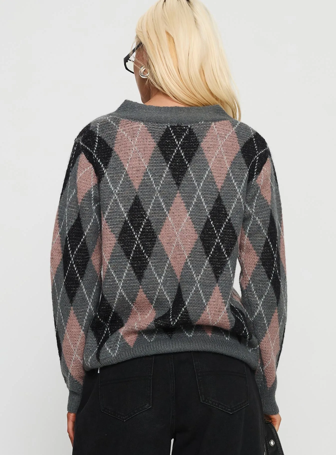 Zeeva Button Through Knit Cardigan Grey Argyle sold by Princess Polly product image thumbnail 5