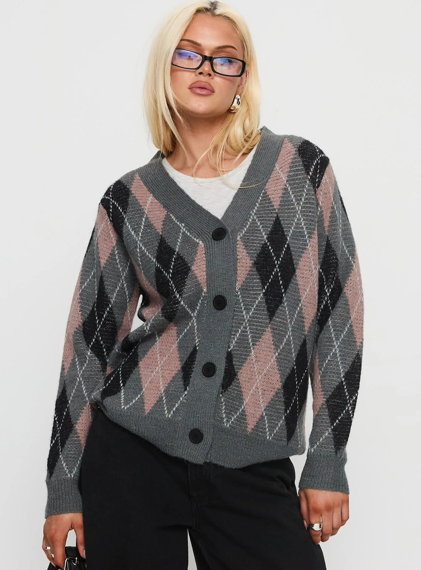 Zeeva Button Through Knit Cardigan Grey Argyle sold by Princess Polly product image thumbnail 2