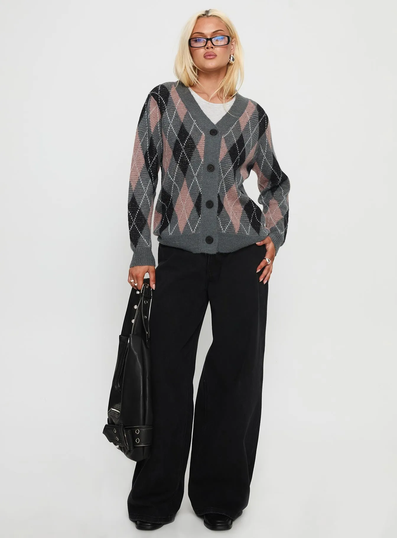 Zeeva Button Through Knit Cardigan Grey Argyle sold by Princess Polly product image thumbnail 3