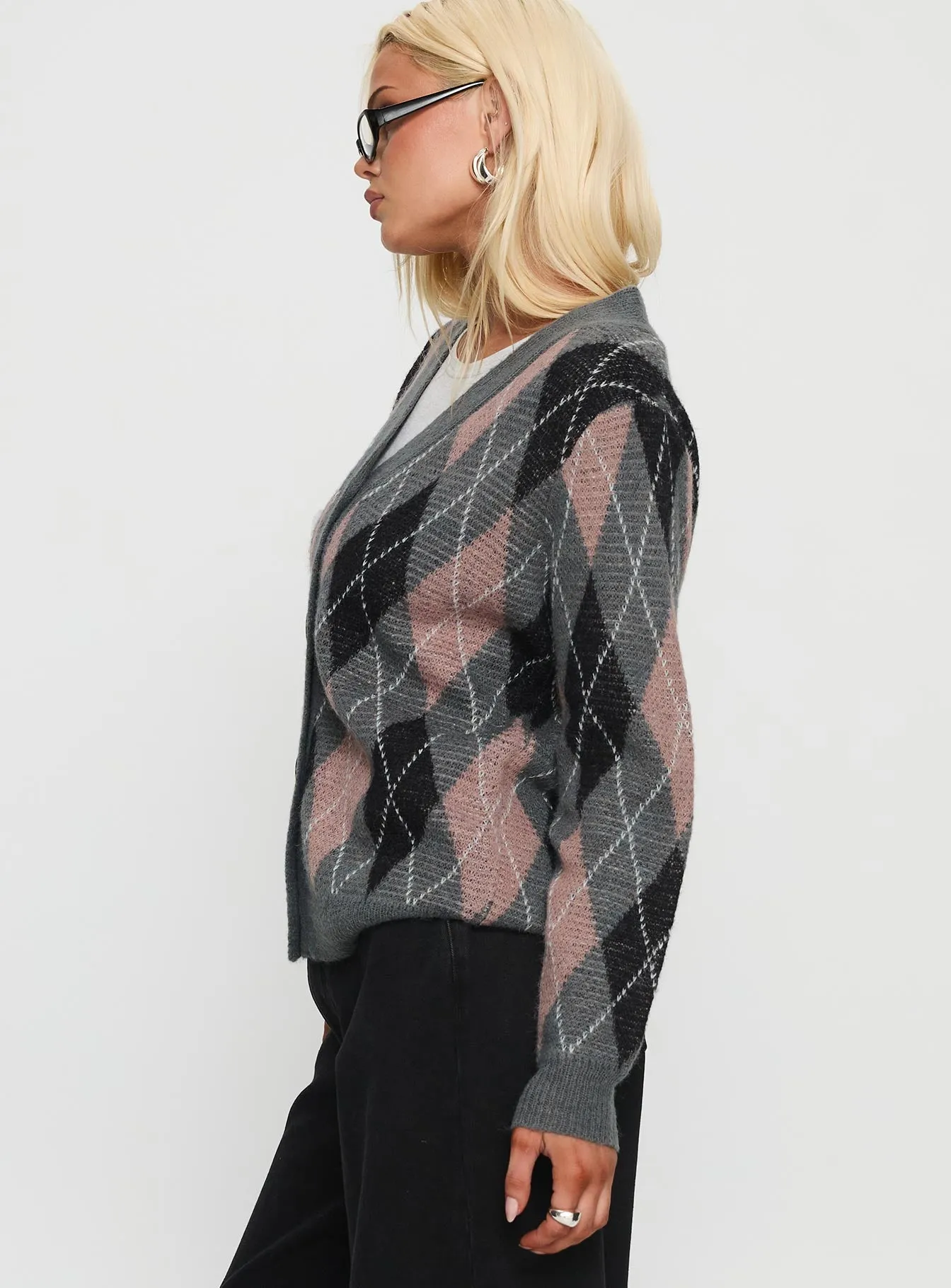 Zeeva Button Through Knit Cardigan Grey Argyle sold by Princess Polly product image thumbnail 4