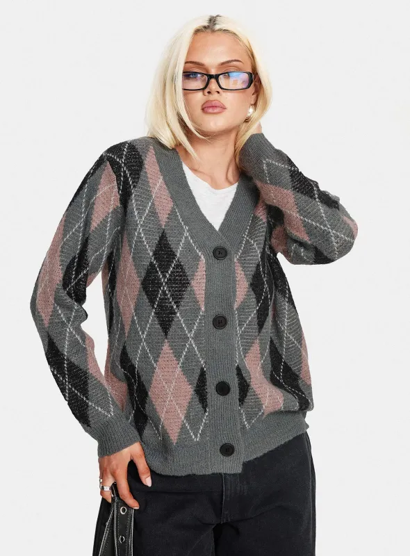 Zeeva Button Through Knit Cardigan Grey Argyle sold by Princess Polly