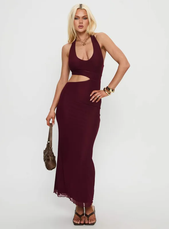 Novalee Keyhole Maxi Dress Burgundy sold by Princess Polly