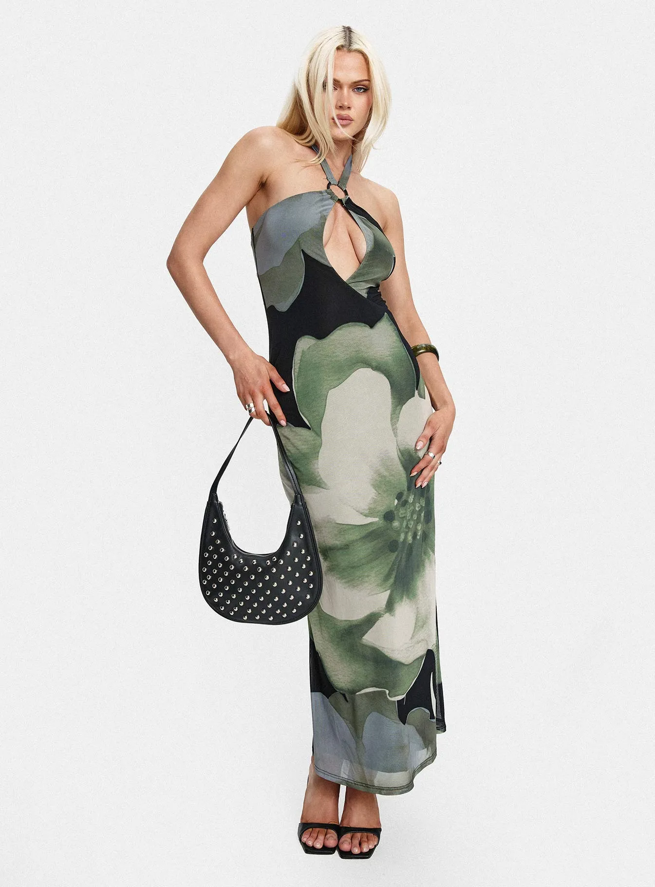 Zelle Halter Cut Out Maxi Dress Blue Multi sold by Princess Polly