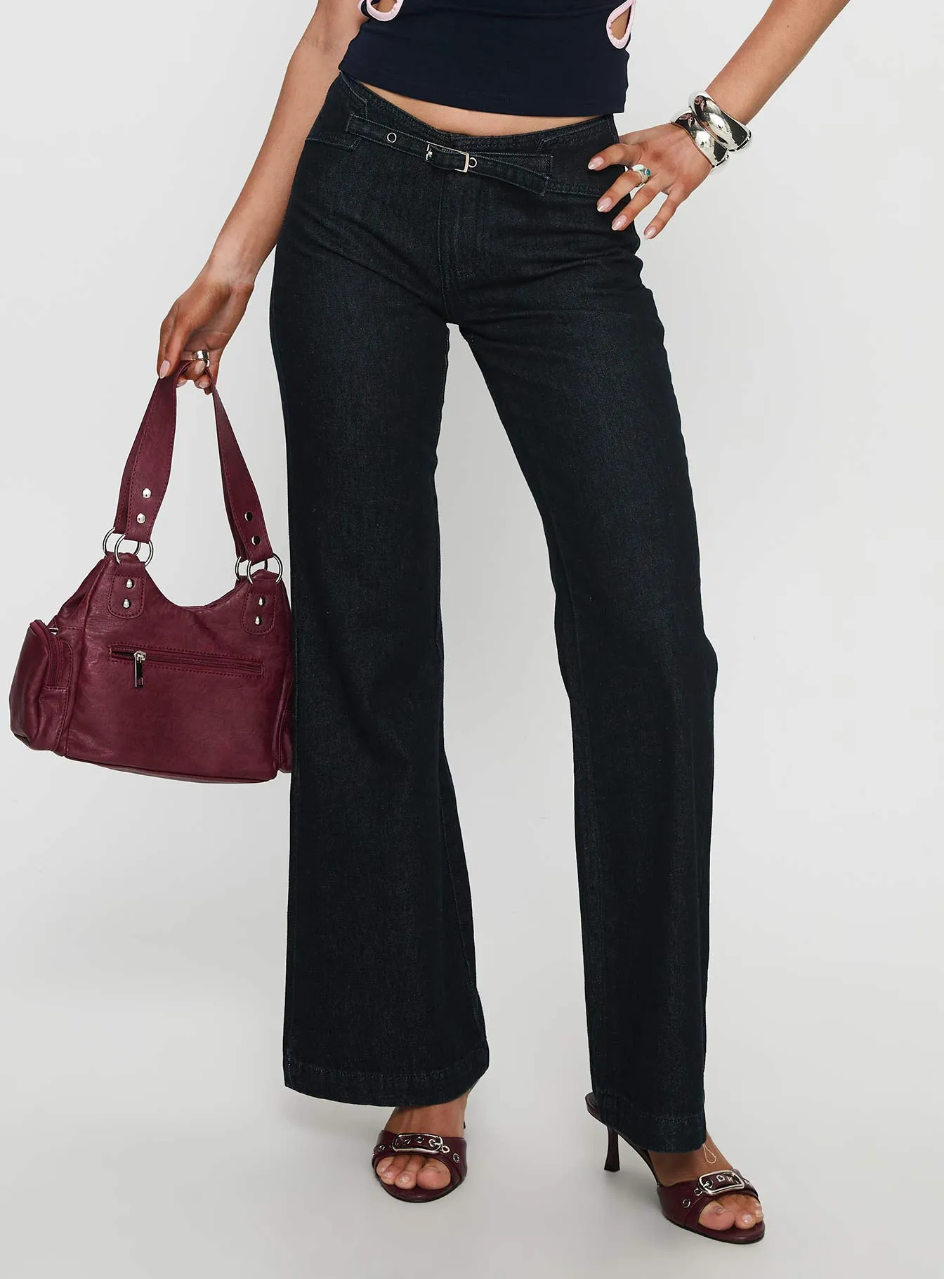 Slow Ride Mid Rise Bootleg Belted Jeans Dark Indigo Blue sold by Princess Polly product image thumbnail 2