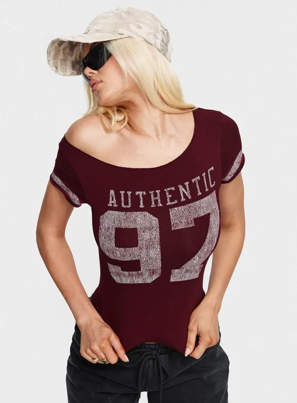 97 Authentic Off Shoulder Graphic Top Maroon sold by Princess Polly