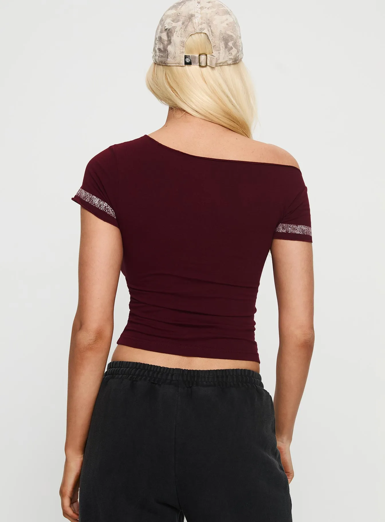97 Authentic Off Shoulder Graphic Top Maroon sold by Princess Polly product image thumbnail 5
