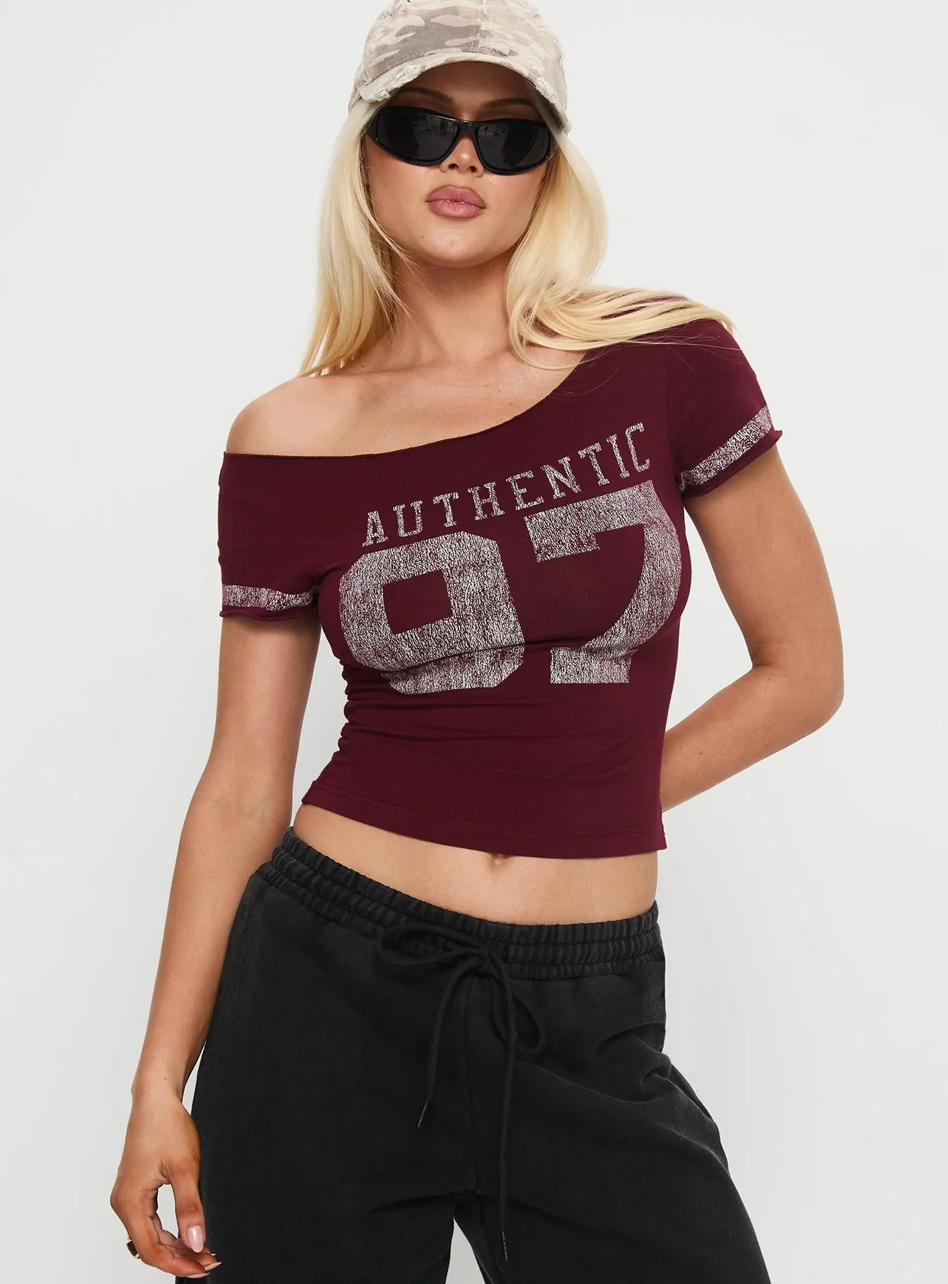 97 Authentic Off Shoulder Graphic Top Maroon sold by Princess Polly product image thumbnail 2