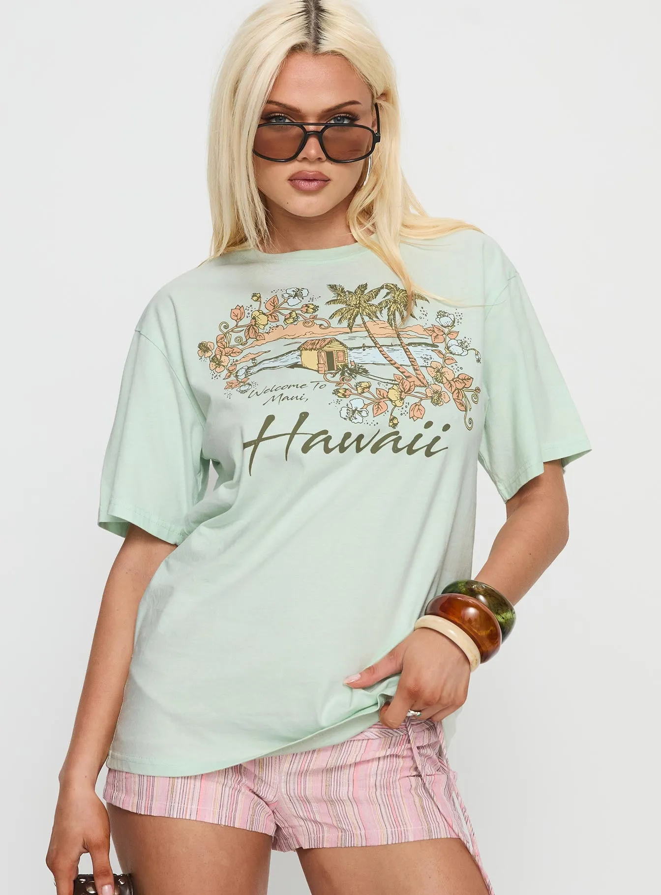 Old School Oversized Hawaii Graphic Tee Green sold by Princess Polly