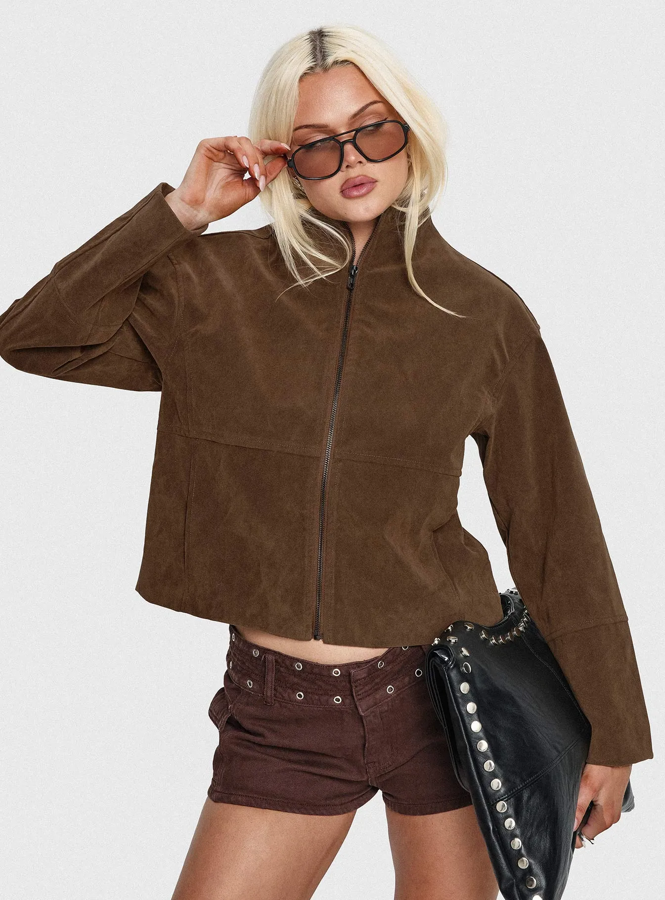 Jessalynn Faux Suede Zip Through Jacket Brown sold by Princess Polly