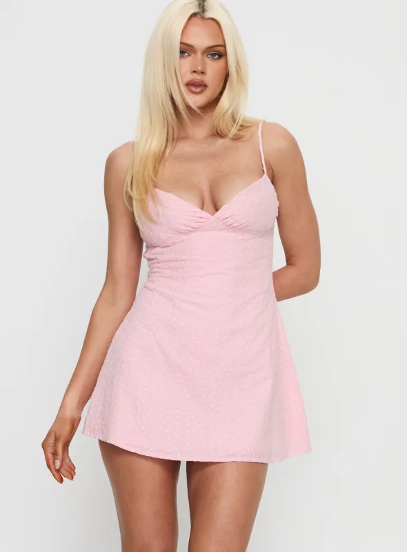 Dearly Embroidered Mini Dress Pink sold by Princess Polly
