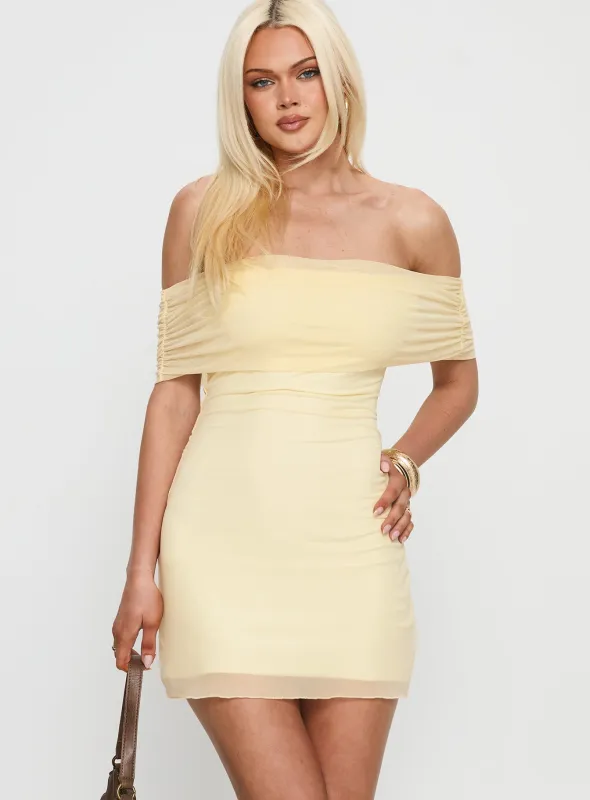 Dayanna Off Shoulder Mesh Mini Dress Lemon sold by Princess Polly