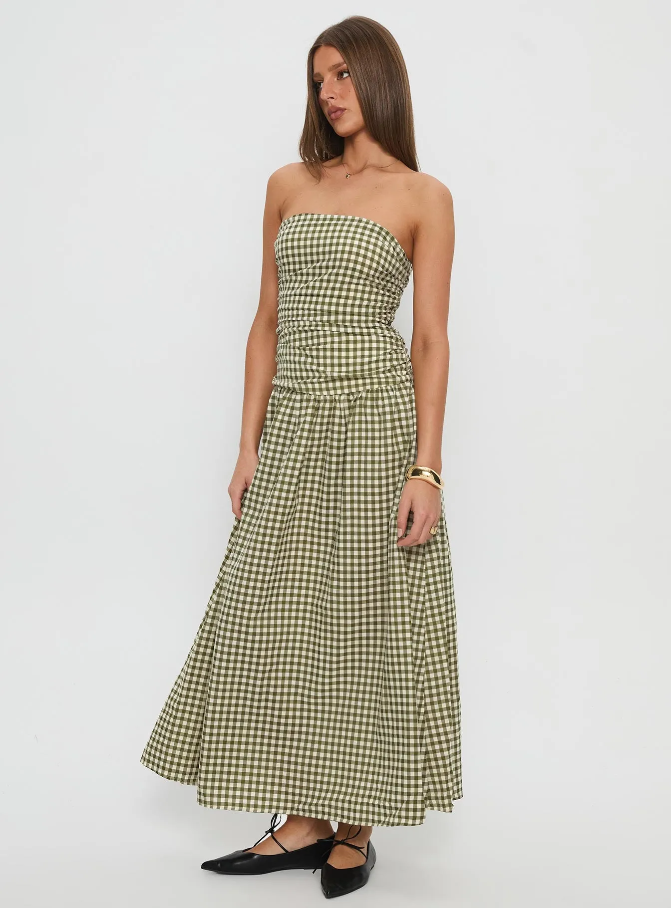 Frankey Strapless Drop Waist Maxi Dress Green Check sold by Princess Polly product image thumbnail 3